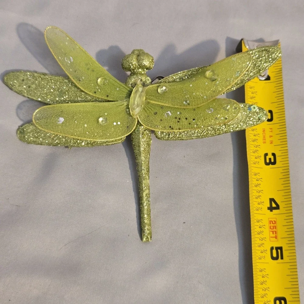 Large Green Glitter Dragonfly Clip On Christmas Ornament Jeweled 6